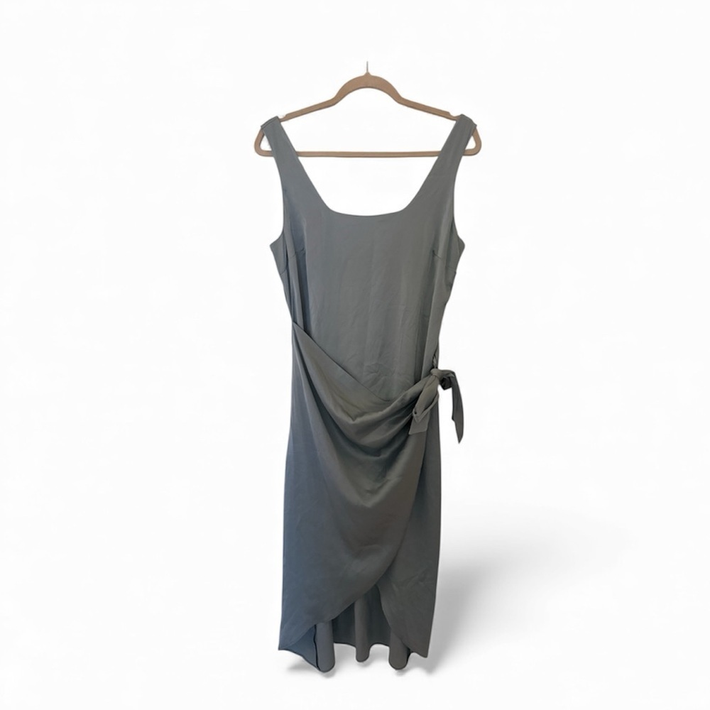 Satin Scoop Neck Tie Wrap Midi Sheath Dress​​​